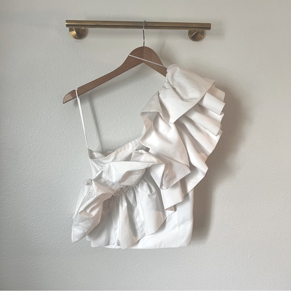 NWT Zara Blogger Fav Asymmetrical One Shoulder Poplin Ruffle Top White - Picture 12 of 16
